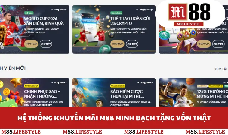 Hệ thống khuyến mãi M88 minh bạch tặng vốn thật